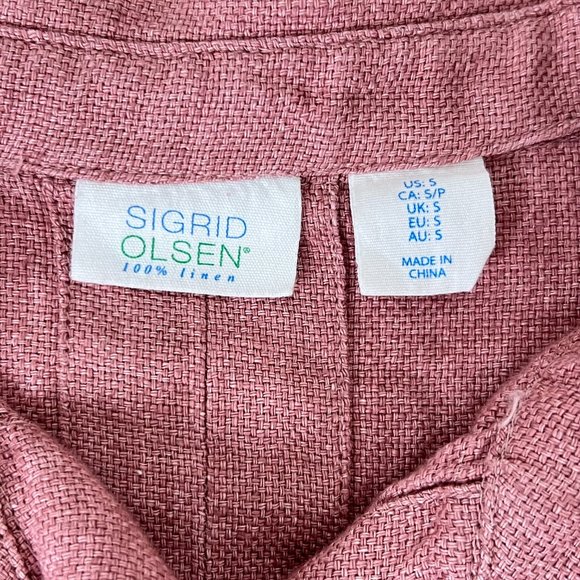 Sigrid Olsen 100% Linen Dusty Rose Button Front Collared Blouse Pockets Small - Picture 12 of 13